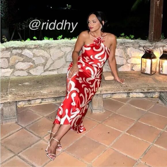 Blogger favorite red satin halter dress with floral applique (brand Mango) - Picture 11 of 15